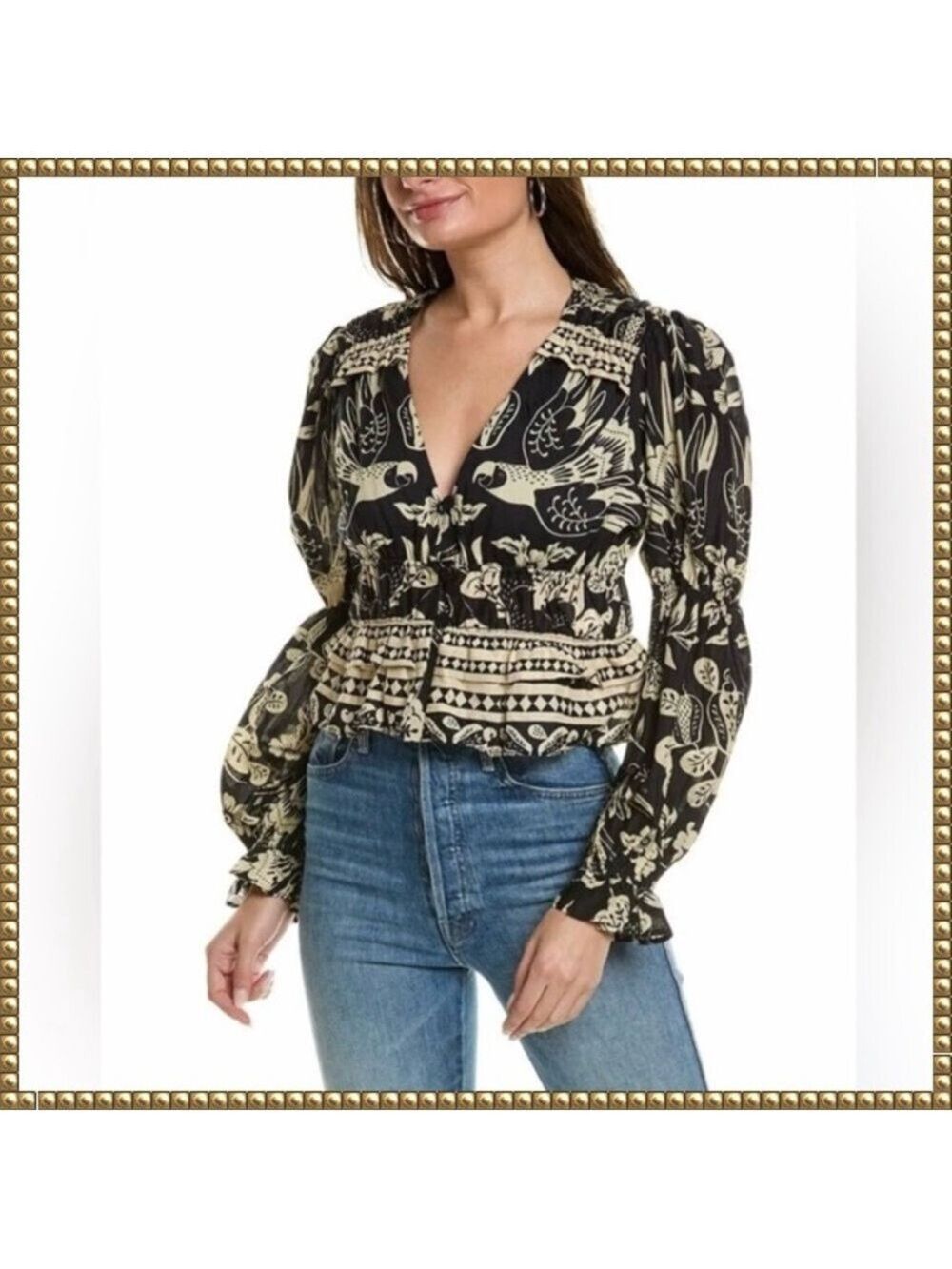 Farm Rio Black Cream Floral Macaw Blouse Medium